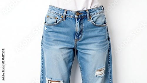 Light wash, slightly distressed jeans on white , lifestyle, jeans, cotton