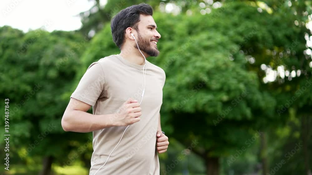 Young adult male runner jogging in urban city park. Handsome active man with headphones enjoys jogging outdoors listening to music. Athlete on morning workout. Concept of sport and healthy lifestyle Young adult male runner jogging in urban city park. Handsome active man with headphones enjoys jogging outdoors listening to music. Athlete on morning workout. Concept of sport and healthy lifestyle