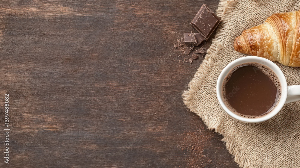 Warm Chocolate Drink with Croissant and Chocolate Pieces on Rustic Wood