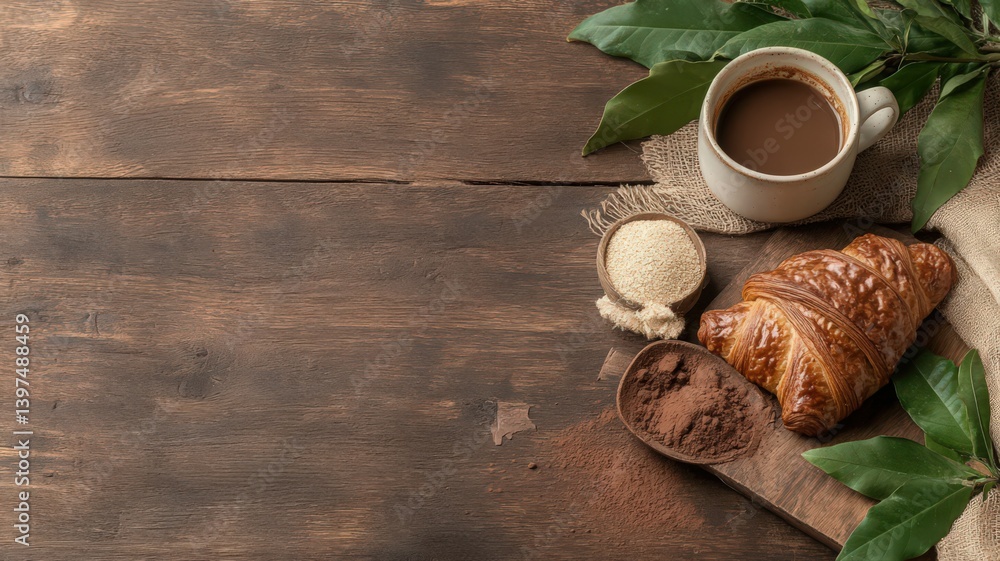 Warm Cocoa with Croissant on Rustic Wooden Background