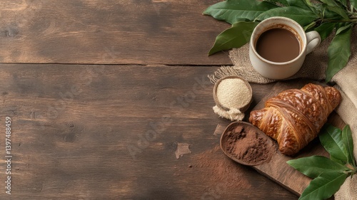 Obraz na płótnie Warm Cocoa with Croissant on Rustic Wooden Background w salonie
