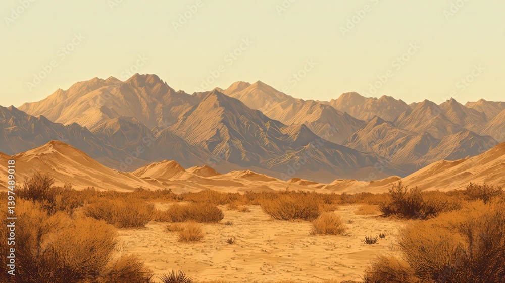 Warm Desert Landscape with Distant Mountains