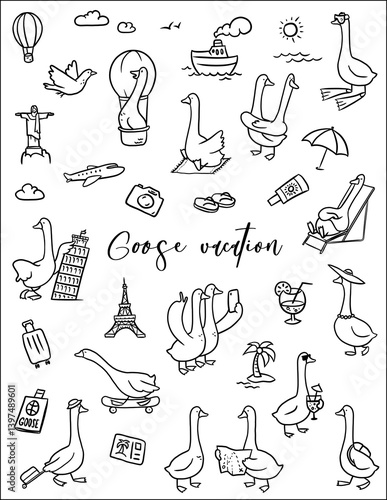 A set of graphic drawings in doodle style on the theme of goose vacation, rest, travel, adventures