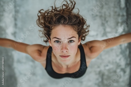 A woman with curly hair stands, arms outstretched, exuding strength and freedom against a textured concrete background.