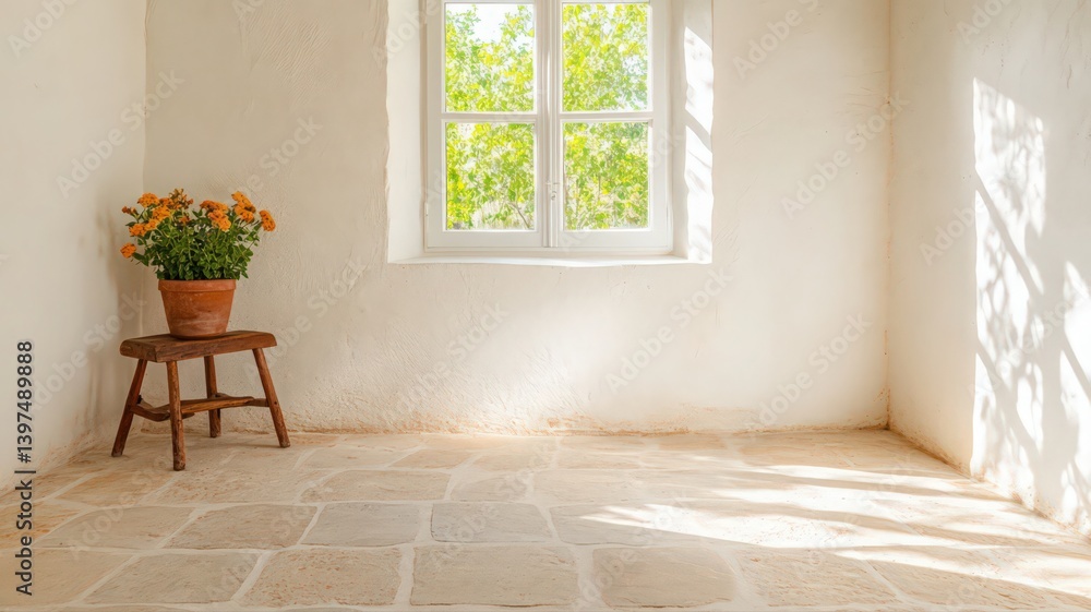 Warm Interior with Sunlit Room Orange Flowers and Rustic Stool Near Window White Wall and Stone Floor