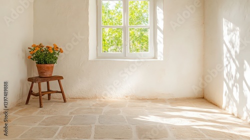 Obraz na płótnie Warm Interior with Sunlit Room Orange Flowers and Rustic Stool Near Window White Wall and Stone Floor w salonie
