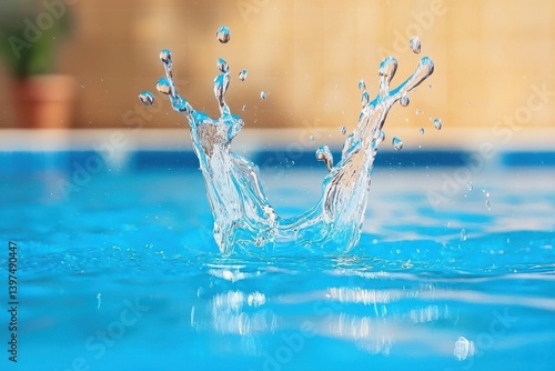 Water splash in blue pool with two droplets suspended mid air under bright light captured in high speed motion and frozen impact detail in vivid daylight setting