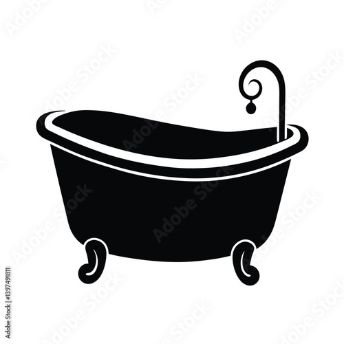 Elegant Clawfoot Bathtub Black Silhouette Minimalist Bathroom Fixture Isolated On White