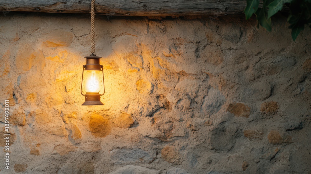 Warm-Lit Lantern Hanging on Rustic Stone Wall