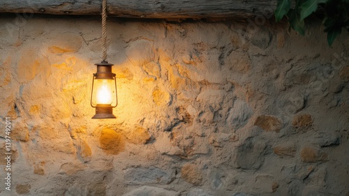 Obraz na płótnie Warm-Lit Lantern Hanging on Rustic Stone Wall w salonie