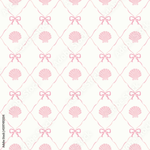 Pink vintage bows with seashells seamless pattern, Vector hand drawn ribbons background illustration.