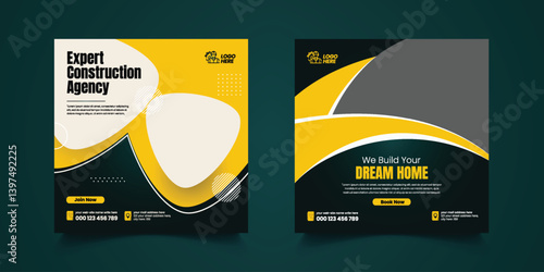 set of editable social media post, banner, promotional ad templates for Construction renovation Handyman home repair web banner and social media square flyer or poster design