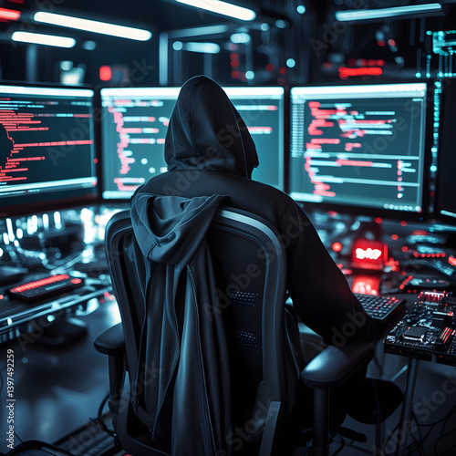Step into a high-tech hacker workspace designed for cinematic projects, digital content creation, and futuristic design needs. This realistic hacker scene features a dark and moody environment,