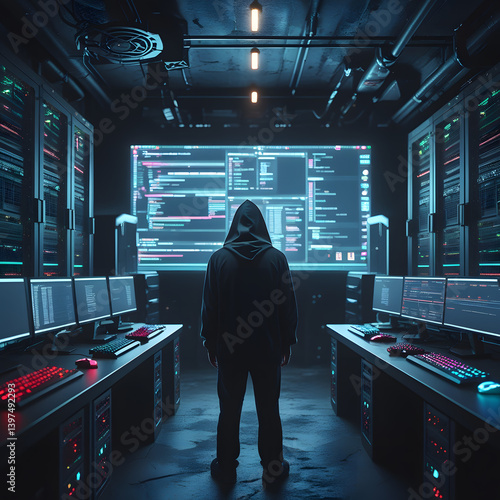 Step into a high-tech hacker workspace designed for cinematic projects, digital content creation, and futuristic design needs. This realistic hacker scene features a dark and moody environment,
