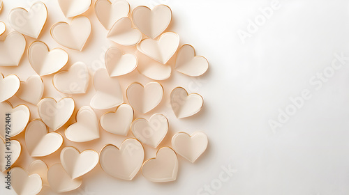 Heart-shaped paper cutouts scattered on a white background creating a romantic atmosphere for celebrations and events, love theme, wedding decoration, heartfelt moments, love concept