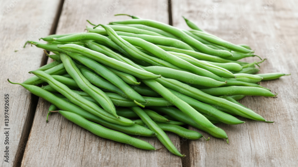 Fresh green beans arranged in neat piles on a rustic table, with natural light highlighting their texture and freshness. Fresh green beans arranged in neat piles on a rustic table, with natural light highlighting their texture and freshness.