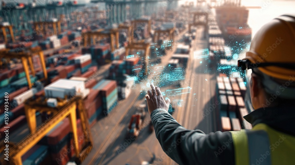 Obraz premium Engineer in Hardhat Utilizing Digital Twin Technology at Port