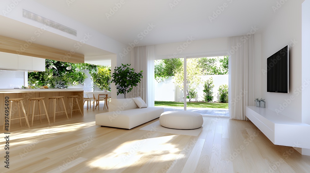 Minimalist home living area with garden view Minimalist home living area with garden view