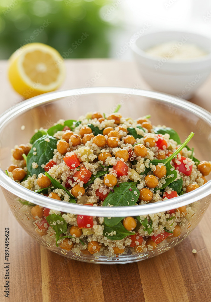 A clear bowl filled with a fresh and delicious chickpea and quinoa salad. A clear bowl filled with a fresh and delicious chickpea and quinoa salad.
