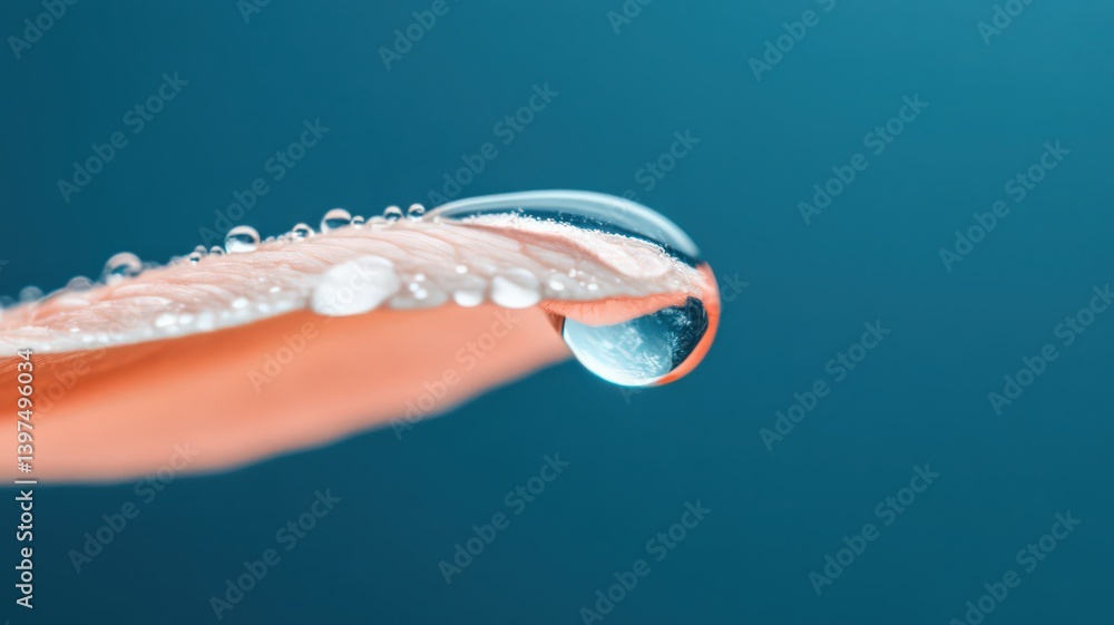 Water Droplet on Peach Petal Against Teal Background