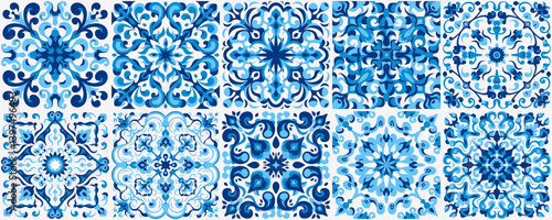 Mediterranean ceramic tiles seamless pattern. Azulejo arabesque. Portuguese, Spanish, Turkish, Indian, Islamic, Arabic decor. Geometrical and floral traditional national ornament. Vector illustration.