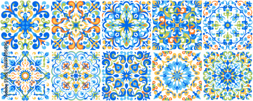 Mediterranean ceramic tiles seamless pattern. Azulejo arabesque. Portuguese, Spanish, Turkish, Indian, Islamic, Arabic decor. Geometrical and floral traditional national ornament. Vector illustration.