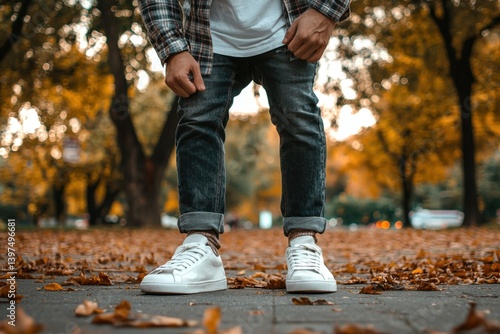 Casual wear action shot of a young man in a plaid button-up shirt and basic white t-shirt among autumn leaves urban environment captured from a low angle view