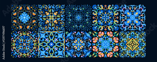 Mediterranean ceramic tiles seamless pattern. Azulejo arabesque. Portuguese, Spanish, Turkish, Indian, Islamic, Arabic decor. Geometrical and floral traditional national ornament. Vector illustration.