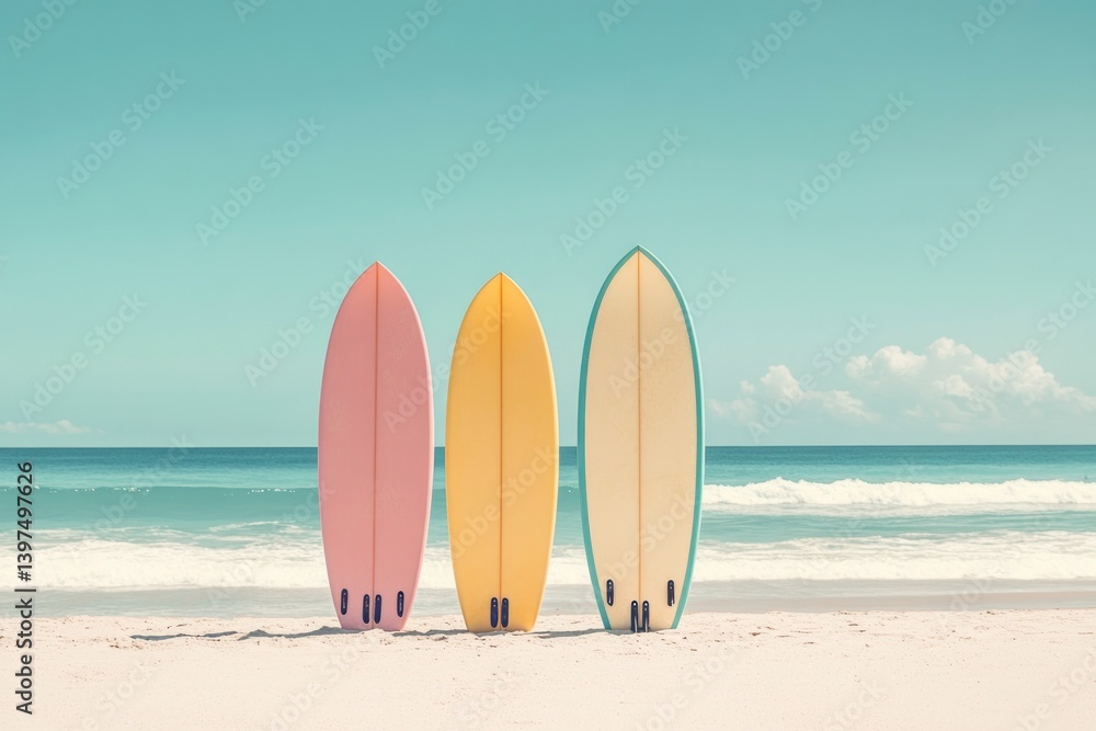 Colorful Surfboards Standing on Beach Sand Under Blue Sky Near Ocean Colorful Surfboards Standing on Beach Sand Under Blue Sky Near Ocean