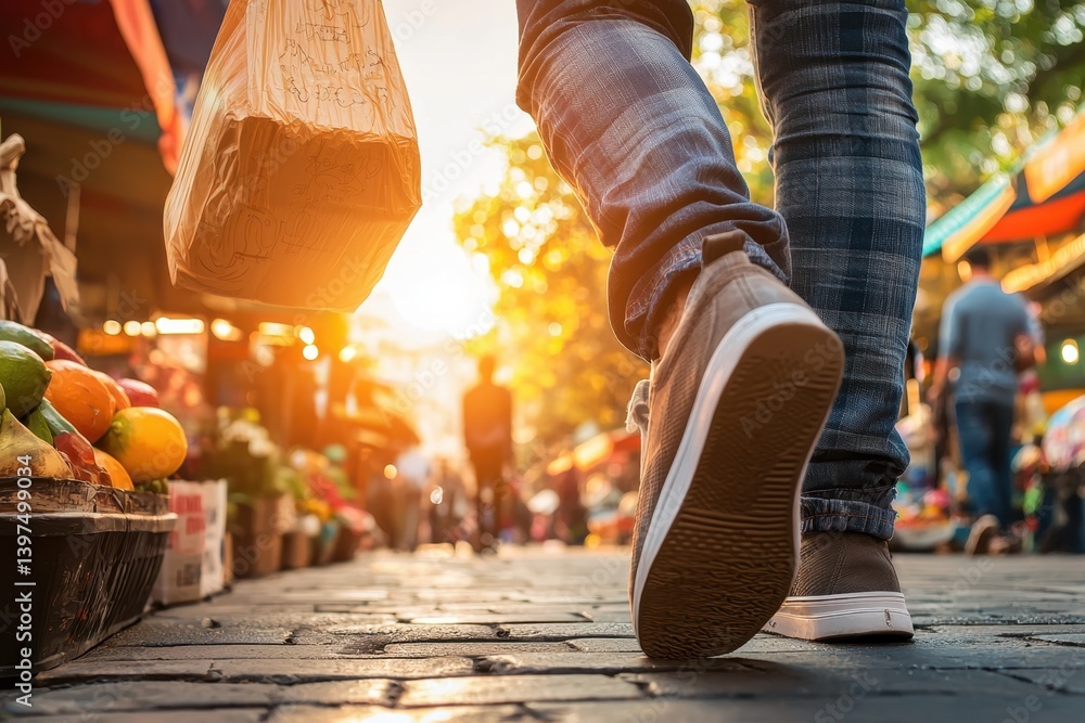 Casual wear strolling through a vibrant market urban setting lifestyle photography sunset glow relaxed mood featuring plaid shirt and denim jeans