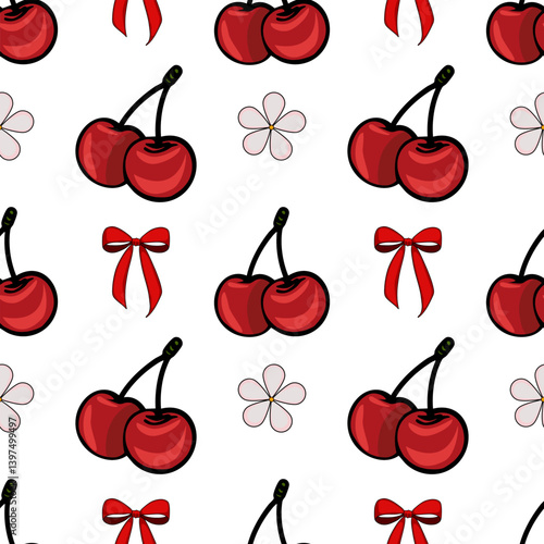 A seamless vector pattern featuring red cherries, red bows, and flower shapes on a white background. The cherries are depicted in pairs with green stems, while the bows are bright red.