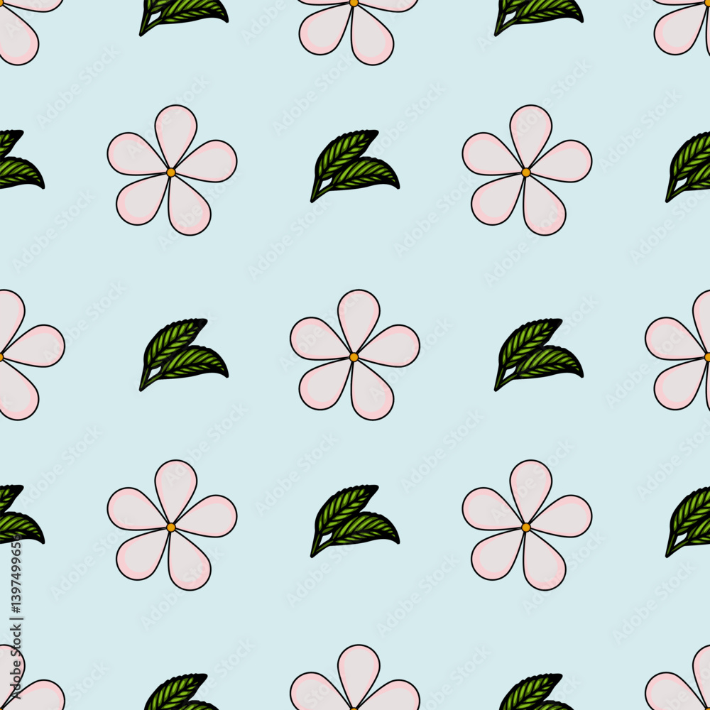 Obraz premium A seamless vector pattern featuring pink flowers and green leaves on a light blue background. The flowers have five petals and a yellow center, while the leaves are stylized with a dark green color.