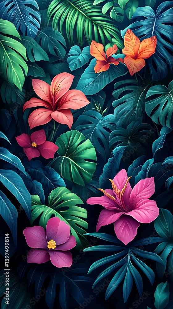 Fototapeta premium Tropical Foliage Phone Wallpaper Vibrant Flowers in Pink Orange & Purple Amid Lush Green Leaves | Vertical HD Background