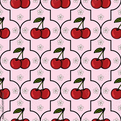 A repeating vector pattern featuring red cherries with green leaves on a light pink background, interspersed with small white flowers.
