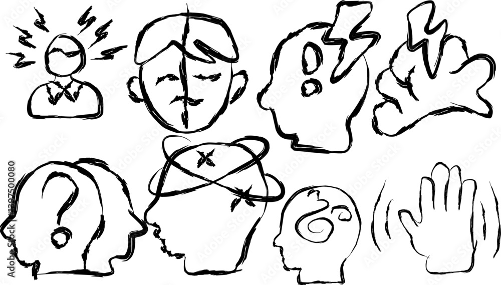 Fototapeta premium Set of anxiety icons in doodle style. hand drawn icons of anxiety, sad feelings, nervous face, stress brain, trauma, sweating and more.