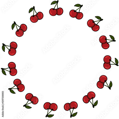 A vector circular arrangement of red cherries with green leaves, creating a decorative border. The cherries are evenly spaced and vibrant against a white background.