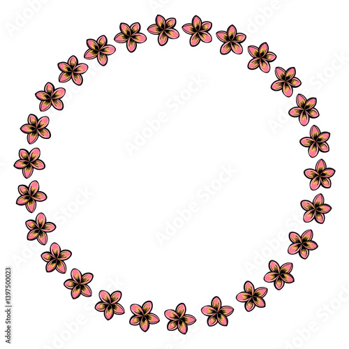 A vector circular arrangement of pink and yellow flowers with black outlines, creating a decorative floral border. The center is empty, ideal for text or other designs.