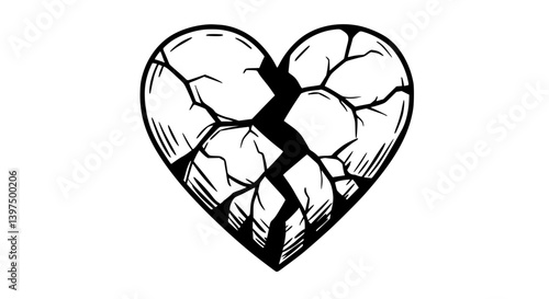 Hand-drawn cracked heart illustration black and white representing heartbreak or distress.