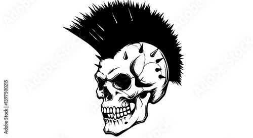 Punk skull with mohawk illustration black and white representing rebellion or music.