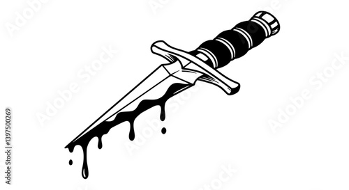 Bloody dagger illustration black and white representing violence or danger [with copy space].