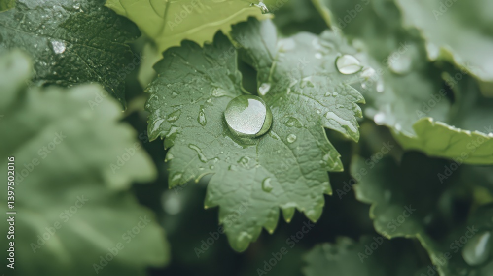 Water Droplets on Green Leaves in Close-Up View Refreshing Natural Green Background