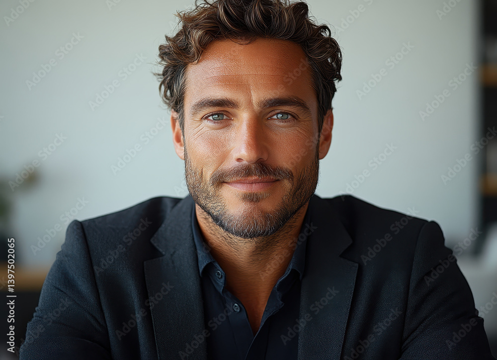 Confident Businessman with Beard and Curly Hair in Suit Smiling in Office Setting Confident Businessman with Beard and Curly Hair in Suit Smiling in Office Setting
