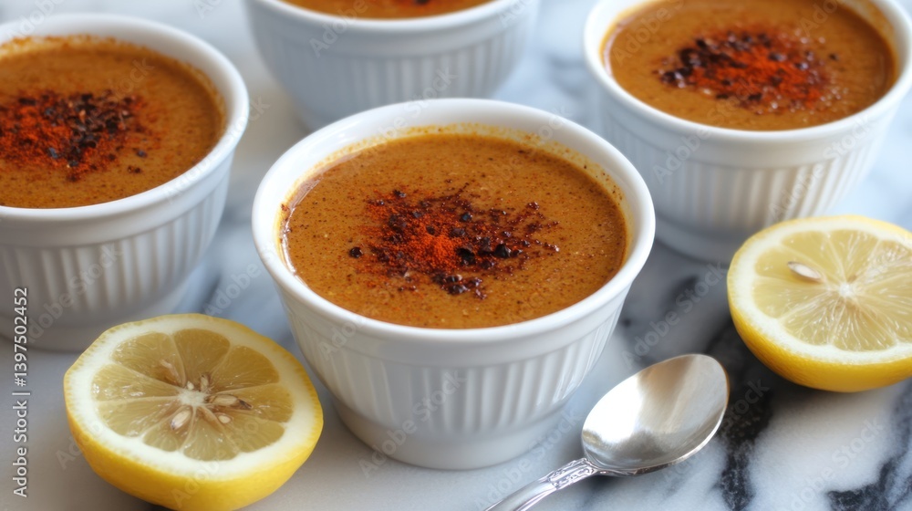 Creamy lentil soup in white bowls, lemon slices, close-up Creamy lentil soup in white bowls, lemon slices, close-up