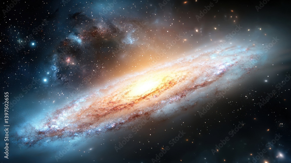Fototapeta premium Stunning view of a spiral galaxy with glowing core, surrounded by stars and cosmic dust in deep space.