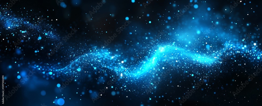 Fototapeta premium A digital backdrop featuring an abstract design with a light blue and white mesh pattern, and a black hole or wormhole at its center, with glowing particles of data flowing from left to right