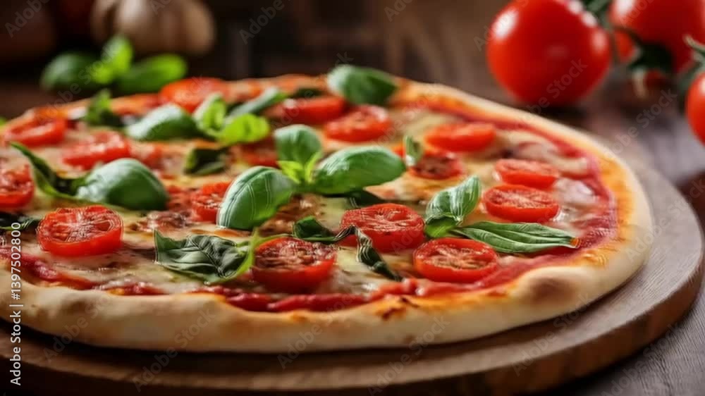Freshly Baked Margherita Pizza Topped with Tomatoes and Basil Freshly Baked Margherita Pizza Topped with Tomatoes and Basil