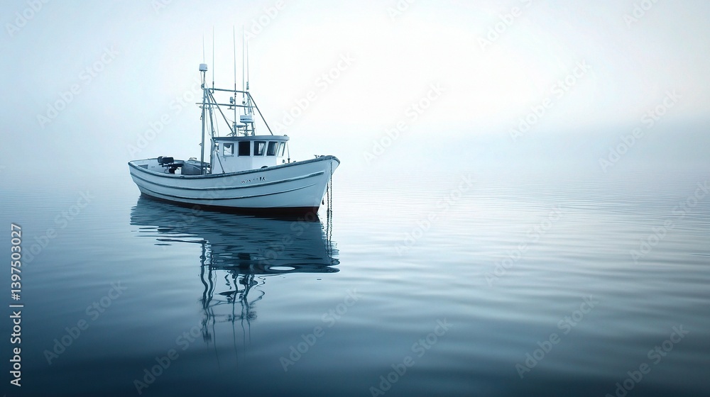 Serene Old Fishing Boat Floating on Calm Water at Dawn Serene Old Fishing Boat Floating on Calm Water at Dawn