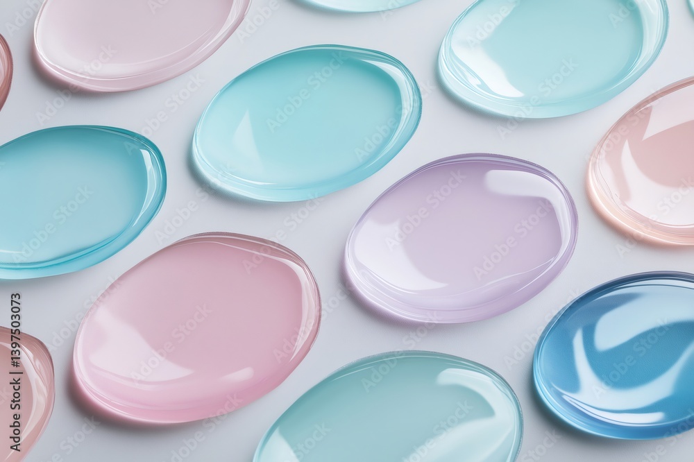 Pastel colored hydrogel eye patches arranged on a white surface, promoting wellness and skincare