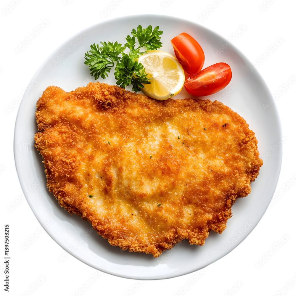 Crispy Breaded Chicken Schnitzel Lemon Tomato Garnish Food Plate Crispy Breaded Chicken Schnitzel Lemon Tomato Garnish Food Plate