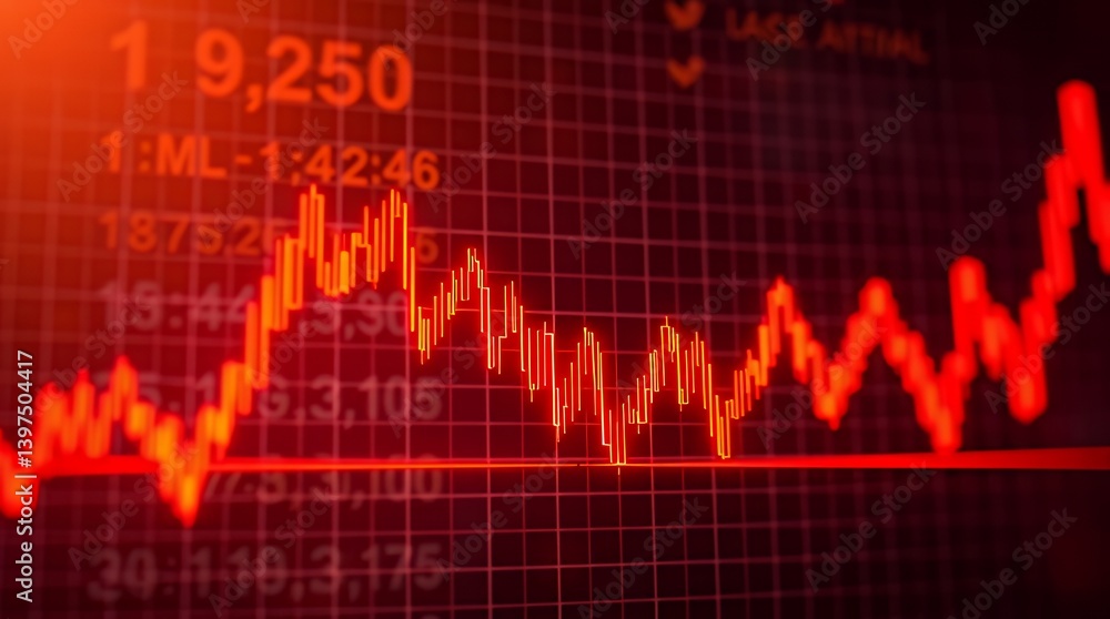 Dynamic digital illustration of financial chart with glowing red line graph on dark background Dynamic digital illustration of financial chart with glowing red line graph on dark background